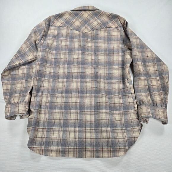 Pendleton 100% Virgin Wool Brown Plaid Long Sleeve Pearl Snap Flannel Size Large - Picture 6 of 8